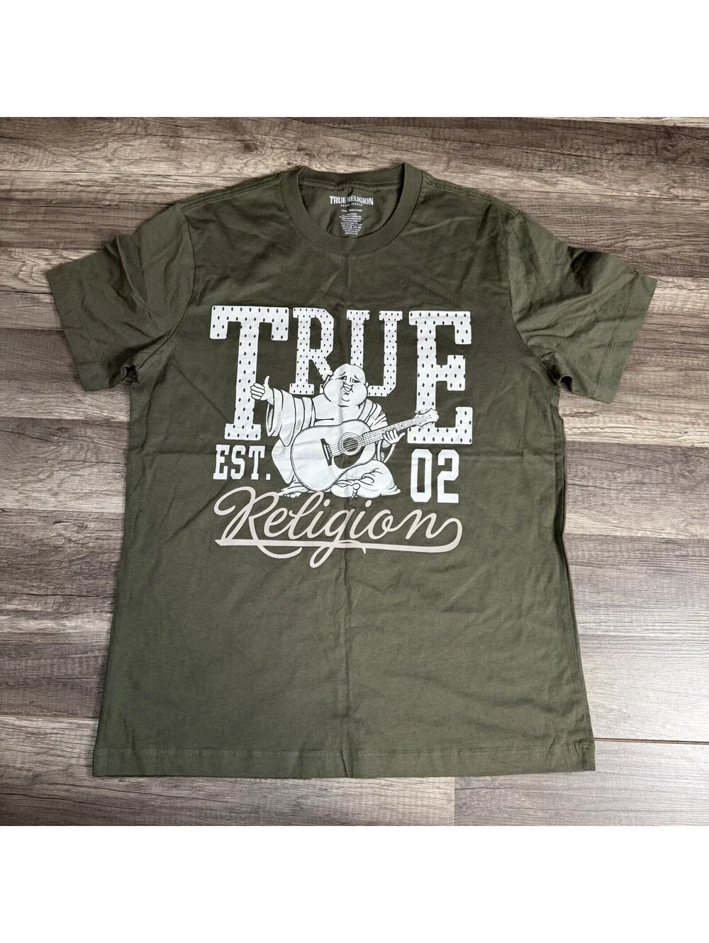 True Religion Mens T-Shirt S Premium Tee Short Sleeve Chest Graphic Olive Green